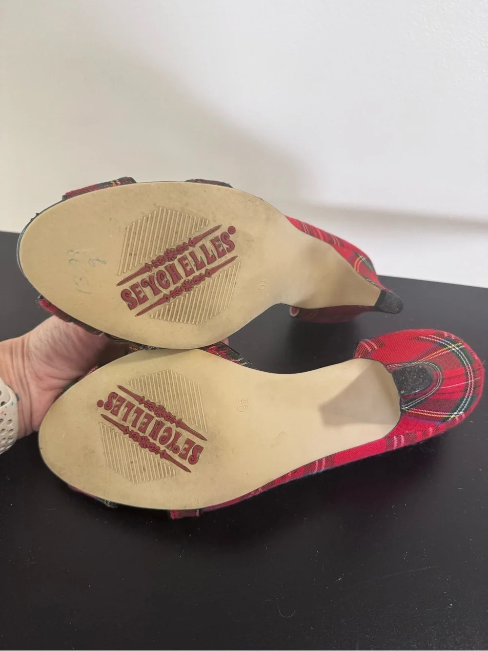 Seychelles Red Tartan Plaid Peep-Toe Heels